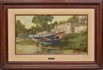 GILBERTO BAPTISTA - 1985 - " EMBARCAÇÃO NA PRAIA" - GUARATIBA - RJ OST -  ACID - MOLDURA EM AMDEIRA, ASSINADO, DATADO E LOZALIZADO NO VERSO. Medida Externa 66cm alt. x  97cm comp. Medida Interna 37 cm alt.x 65 cm comp.