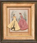 ABEL GOUBAUD - LITOGRAVURA FRANCESAS DO SÉCULO XIX REPRESENTANDO DAMAS FRANCESAS EM FORMATO TRIMENSIONAL COM ROUPAS DE ÉPOCA EM TECIDO. ASSINADAS. MOLDURA FOLHEADO EM DOURADO. PARIS. MI: 25 X 30. ME: 55 x 48 cm