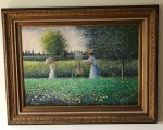 ANA MODEGO - OST - ACIE - Quadro representando figura feminina desenhando outra num quadro em um jardim. ME: 102cm x 131cm. MI: 69,5cm x 99,5cm.Retirada em Ipanema com hora marcada.