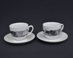 Par de  xícaras com pires de chá porcelana chinesa representando sete maravilhas do mundo. Muralha da china ,Petra , Cristo Redentor , Machu Picchu, Chichen Itzá , Coliseu, Taj Mahal . .Medidas: pires 14,5 cm X 2,5 . xicaras 7 cm X 8,5 cm.