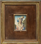 Assinatura Ilegível - Pintura sobre celuloide, representando "Busto de dama". Emoldurada em madeira nobre com pátina dourada e paspatur em veludo marrom. ME: 26cm x 24cm. MI: 8,5cm x 6,5cm.