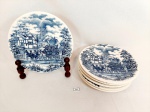 Jogo de 6 Pratos Sobremesa em Ceramica Vitrificada Oxford azul e branca cena Carruagem .Medida: 20 cm diametro