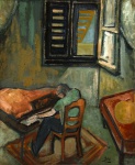 Sergio Milliet (1898-1966). PIANISTA. Óleo sobre tela colada em madeira. 50 x 44 cm (mi); 62 x 54 cm (me). Moldura possivelmente Kaminagai. Assinado com as iniciais do artista (cid). Raridade.