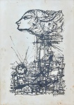 Darel Valença Lins (1924-2017). Nanquim (?). 42 x 31 cm (mi); 53 x 41 cm (me). Assinado de próprio punho a lápis no cid. Moldura de madeira. Proteção de vidro. Pontos de fungo.