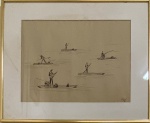 CARYBÉ 1911-1997) - Barcos e Pescadores - Desenho assinado e datado 81 CID, med. 33,5X25cm. Com moldura em alumínio na cor dourada med. 46X38cm.