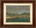 JOSÉ MARIA DE ALMEIDA (1906-1995) - Marinha com barcos - Itacuruça - OST assinado CID e verso, med. 33X46 cm, com moldura em madeira med. 52X65cm. Apresenta manchas na tela