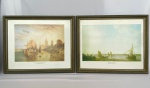 Duas reproduções: Sendo, AELBERT CUYP – Dordrecht: Sunrise e JOSEPH MALLORD WILLIAM TURNER – Cologne: The Arrival of a Packet-boat: Evening. Com moldura em madeira patinada no tom verse e friso dourado, com proteção de vidro anti-reflexo, med. 56X46cm.