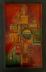 HADAR AVIV - Quadro decorativo com arte israelense sobre placa de madeira. Med.: 26,5x16,5cm.
