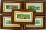 Assinatura não identificada - 5 pinturas sobre catão com paisagem diversas, assinado Kuku. Med. 16,5X6cm. Com moldura em madeira e proteção de vidro. Med. 30,5X20cm 