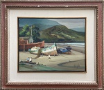Omar Pellegatta  (1925-2001). Praia, barco e pescadores. Óleo sobre tela. 40 x 50 cm. Medida total com a moldura: 69 x 79 cm