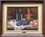 Assis Pacheco. Uvas e vinhos. Óleo sobre placa. 25,5 x 33,5 cm. Medida total com a moldura: 47,5 x 39,5 cm. Datado de 1987