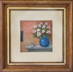 Sem assinatura. Vaso azul com rosas. Óleo sobre tela. 9 x 9 cm. Medida total com a moldura: 20 x 20 cm
