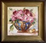 Cesar Laccana.  Vaso com flores. Painel com 4 azulejos pintados. 28 x 28 cm. Medida total com a moldura: 40 x 40 cm. Datado de 1944