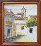 Autor não identificado. Rua com igreja ao fundo. Óleo sobre placa. 23 x 18 cm. Medida total com a moldura: 27 x 22 cm