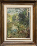 Pedro Gava (?). Paisagem com rio.  Óleo sobre tela. 38,5 x 28,5 cm. Medida total com a moldura: 56 x 46 cm.