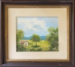 Shiró. Paisagem com casa. Óleo sobre tela. 13 x 16 cm. Medida total com a moldura: 25 x 28,5 cm. Datado: 08-04-89