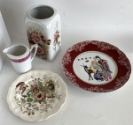 4 peças de porcelana: Hampshire 18,5 cm/ Real  com 24 cm de diâmetro; 2 pratos com 18,5 cm de diâmetro; vaso pintado a mão com 9 x 9 x 17 cm de altura e cremeira com 11 cm de alça à bico x 10,5 cm de altura