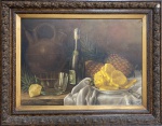 Werner Levin (1920-1966). Natureza morta com abacaxi. Óleo sobre tela. 60 x 80 cm. 1946. Medida total com a moldura: 77 x 97 cm