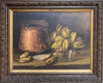 Werner Levin (1920-1996). Natureza morta com bananas. Óleo sobre tela. 60 x 80 cm. 1947. Medida total com a moldura: 80 x 100 cm