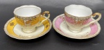 2 xícaras para café com seus pires, para coleção de porcelana japonesa, detalhes em dourado. No fundo: Made in occupied - Japan. Xicara: 8,5 da  borda a alça x 5,5 de altura. Pires: 11,5 cm de diâmetro