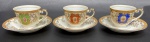 JYOTO. 3 xícaras para café com seus pires, para coleção de porcelana japonesa, detalhes em dourado. No fundo: Made in occupied - Japan. Xicara: 8,5 da  borda a alça x 5,5 de altura. Pires: 12 cm de diâmetro