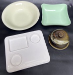 4 peças de porcelana/cerâmica. Pestisqueira, saladeira, queijeira e tigela funda com 32,5 cm de diâmetro x 7 cm de altura
