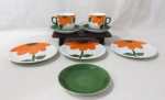 PORCELANA - STEATITA PARANÁ / REAL S. PAULO - Lote contendo oito (8) peças em porcelana vitrificada branca, pintadas à mão, decoradas com flores e folhas, sendo: duas xícaras para chá, três pires e três pratos para sobremesa. Peças com manufaturas marcadas no fundo. Medidas: maior: alt 7,8 cm x diam 8,8 cm/ menor: diam 14,8 cm.