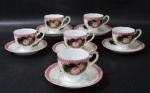 PORCELANA - Seis xícaras para café com seus respectivos pires, em fina porcelana vitrificada branca, pintados à mão, com luxuosa decoração de flores e folhas em policromia realçadas com vasta douração, guirlandas de volutas e arabescos, filetes e frisos em pintura à ouro, bordas movimentadas e adornadas com faixas na tonalidade rosa, alças vazadas, apoiadas sobre pé bolacha, marcados no fundo. Med. xícaras: alt 5,5 cm x diam 6,2 cm/ pires: diam 11,5 cm. Apresenta falhas na pintura.