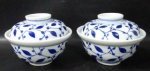 PORCELANA - Par de bowls com tampa em porcelana vitrificada branca, ricamente decorados com ramagens de folhas, filetes e frisos em monocromia na tonalidade azul, medindo: alt 10 cm x diam 13,8 cm.