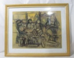 DESENHO, figuras sentadas a mesa, emoldurada e envidraçada, assinatura não identificada no CID e datado 81, medindo