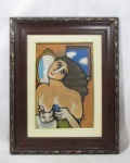 QUADROS - J. CUNHA - A Mulher e o Gato, OST, assinado no CID, com moldura em madeira em tom escurecido, com bordas entalhadas com folhagens com toques de folhas de ouro. Medidas: moldura: alt 55 cm x larg 44 cm/ tela: alt 34 cm x larg 23 cm. Moldura apresenta pequenas falhas.