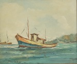 ALAN CARLSON, marina com barcos, OSE, assinado no CIE, verso: autenticado, datado 1987 ou 1989, localizado RJ, medindo 46 x 41 cm, moldura 74,5 x 67,5 cm, (Alan Carlson, 1950, Rio de Janeiro, RJ, pintor).