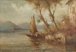 F. MANCINI (possivelmente escola italiana), marina com barco e casario, OST, assinada no CIE, medindo 96,5 x 67 cm, moldura 122 x 92,5 cm.