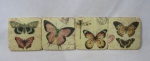 AZULEJO - Quatro porta copos em placas de azulejos, em formato quadrado, decorados com borboletas policromadas, medindo: 90,5 cm de largura.
