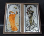 QUADROS - Dois antigos quadros espelhados, com pinturas representativas das duas estações do ano, sendo: Primavera e Verão, com molduras em madeira, medindo: alt 32,5 cm x larg 17,5 cm.