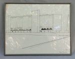 OSCAR NIEMEYER (assinatura inconsistente, não condiz com nenhuma outra comparada grafo tecnicamente), desenho a nanquim, emoldurado e envidraçado, assinado no CID, medindo com moldura 46 x 36 cm.