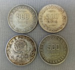 NUMISMÁTICA, Brasil, República, quatro (4) moedas de 500 reis, prata (900 milésimos), datas diferentes: 1906; 1907; 1908 e 1913 (anel de estrelas soltas), peso 5gr cada uma, todas em muito bom estado de conservação.