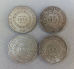 NUMISMÁTICA, Brasil, Império, quatro (4) moedas, 1000 reis 1853, 1855, 1858 e 1865, prata (900/916 milésimos), 3 sistema monetário, 2 tipo, 12,6gr cada uma, 30mm diâmetro, 2mm espessura, bordo serrilhado, 2 reinado, D. Pedro II, todas em muito bom estado de conservação, anverso: dístico do valor de face, circundado por guirlanda de tulipas, na orla a legenda PETRUS II D. G. CONST. IMP. ET PERP. BRAS. DEF., seguido do ano de cunhagem feita a época na Província do Rio de Janeiro; reverso: no enxergo brasão do império encimado pela legenda IN HOC SIGNO VINCES.