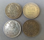 NUMISMÁTICA, Brasil, República, quatro (4) moedas de 1000 reis, prata (900 milésimos), datas diferentes 1912 (cifra); 1912 (anel de estrelas ligadas); 2 de 1913 (anel de estrelas soltas), peso 10gr cada uma, todas em muito bom estado de conservação.
