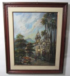 LÊDA CATALDI, Igreja de São Francisco Xavier, OST, pintura iconográfica, assinada no CID, verso: intitulado e localizado Rua São Francisco Xavier  Tijuca, (Lêda Cataldi, pintora ativa no Rio de Janeiro, RJ, século XX), apresenta perdas pictóricas, moldura em madeira. Medidas da tela: 99 x 79,5 cm: medidas totais: 121 x 80 cm.