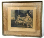 GRAVURA - Antiga gravura francesa representando Jupoter et Danaé. medindo: altura: 26, 5 cm: comprimento: 32, 5 cm; sobre moldura em madeira com pátina dourada e proteção de vidro, medindo: altura: 53 cm: comprimento: 59,5 cm. Possui carimbo na parte inferior direita. Moldura com cupim tratado.