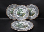 FAIANÇA - WOODLAND - WOOD & SONS - BURSLEM ENGLAND - Quatro pratos rasos em faiança inglesa vitrificada branca, galeria central apresentando bucólica cena de fazenda policromada, seguida de bordas ricamente decoradas com motivos vegetalinas, finalizando com faixa em zig zag, marcados no fundo. Medidas 25,5 cm de diâmetro. Em perfeito estado! Vide fotos!