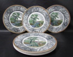 FAIANÇA - WOODLAND - WOOD & SONS - BURSLEM ENGLAND - Seis pratos rasos em faiança inglesa vitrificada branca, galeria central apresentando bucólica cena de fazenda policromada, seguida de bordas ricamente decoradas com motivos vegetalinas, finalizando com faixa em zig zag, marcados no fundo. Medidas 25,5 cm de diâmetro. Em perfeito estado! Vide fotos!