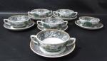 FAIANÇA - WOODLAND - WOOD & SONS - BURSLEM ENGLAND - Seis xícaras para consomê com seus respectivos pires, em faiança inglesa vitrificada branca, apresentando bucólica cena de fazenda policromada, seguida de bordas ricamente decoradas com motivos vegetalinas, finalizando com faixa em zig zag, alças vazadas, marcados no fundo. Medidas: xícara: alt 4,5 cm x diam 11,8 cm/ pires: 16,2 cm. Uma xícara com alça quebrada.