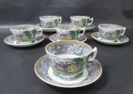 FAIANÇA - WOODLAND - WOOD & SONS - BURSLEM ENGLAND - Seis xícaras para chá com seus respectivos pires, em faiança inglesa vitrificada branca, apresentando bucólica cena de fazenda policromada, seguida de bordas ricamente decoradas com motivos vegetalinas, finalizando com faixa em zig zag, alças vazadas, marcados no fundo. Medidas: xícara: alt 6 cm x diam 9,5 cm/ pires: 14,5 cm. Em perfeito estado! Vide fotos!