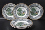 FAIANÇA - WOODLAND - WOOD & SONS - BURSLEM ENGLAND - Seis pratos fundos em faiança inglesa vitrificada branca, galeria central apresentando bucólica cena de fazenda policromada, seguida de bordas ricamente decoradas com motivos vegetalinas, finalizando com faixa em zig zag, marcados no fundo. Medidas 23 cm de diâmetro. Em perfeito estado! Vide fotos!