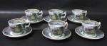 FAIANÇA - WOODLAND - WOOD & SONS - BURSLEM ENGLAND - Seis xícaras para café com seus respectivos pires, em faiança inglesa vitrificada branca, apresentando bucólica cena de fazenda policromada, seguida de bordas ricamente decoradas com motivos vegetalinas, finalizando com faixa em zig zag, alças vazadas, marcados no fundo. Medidas: xícara: alt 5,3 cm x diam 7 cm/ pires: 12 cm. Em perfeito estado! Vide fotos!
