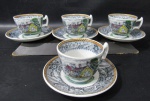 FAIANÇA - WOODLAND - WOOD & SONS - BURSLEM ENGLAND - Quatro xícaras para café com seus respectivos pires, em faiança inglesa vitrificada branca, apresentando bucólica cena de fazenda policromada, seguida de bordas ricamente decoradas com motivos vegetalinas, finalizando com faixa em zig zag, alças vazadas, marcados no fundo. Medidas: xícara: alt 5,3 cm x diam 7 cm/ pires: 12 cm. Em perfeito estado! Vide fotos!