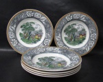 FAIANÇA - WOODLAND - WOOD & SONS - BURSLEM ENGLAND - Seis pratos fundos em faiança inglesa vitrificada branca, galeria central apresentando bucólica cena de fazenda policromada, seguida de bordas ricamente decoradas com motivos vegetalinas, finalizando com faixa em zig zag, marcados no fundo. Medidas 23 cm de diâmetro. Em perfeito estado! Vide fotos!