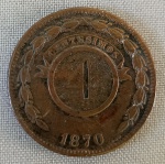 NUMISMÁTICA, uma (1) antiga moeda em cobre ou bronze do Paraguai de 4 centésimos de 1870, muito bem conservada.